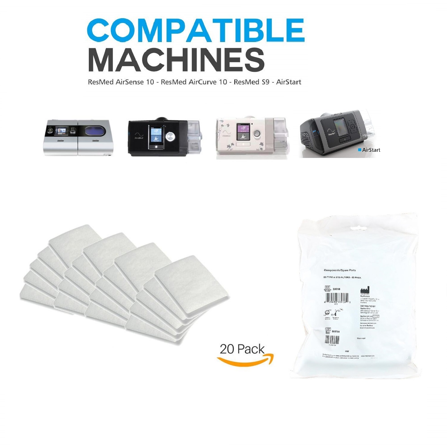 lembrd CPAP Filters für Resmed Airsense 10-20 STK Premium Einweg Ersatzfilterzubehör für CPAP Geräte S9 S10 